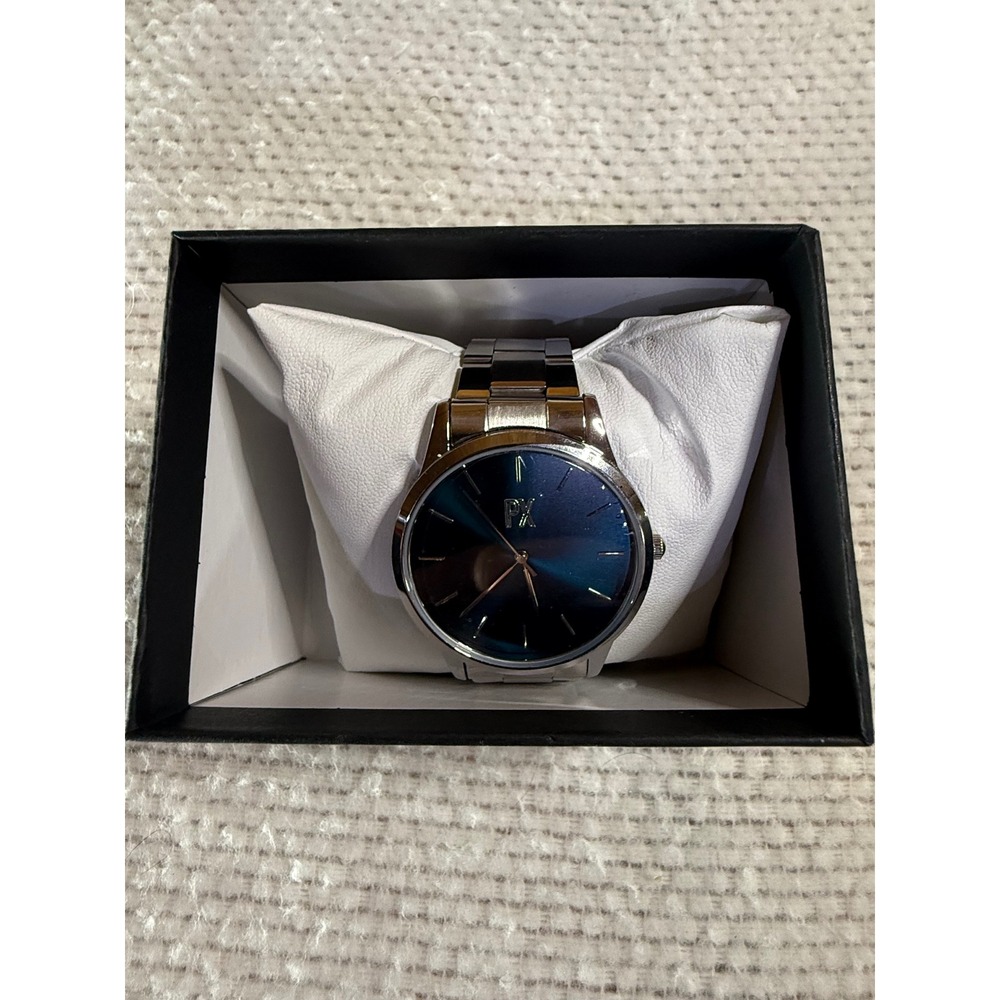 PX Mens Navy Dial Silver Tone Link Bracelet Watch 9WA9001M New In Box